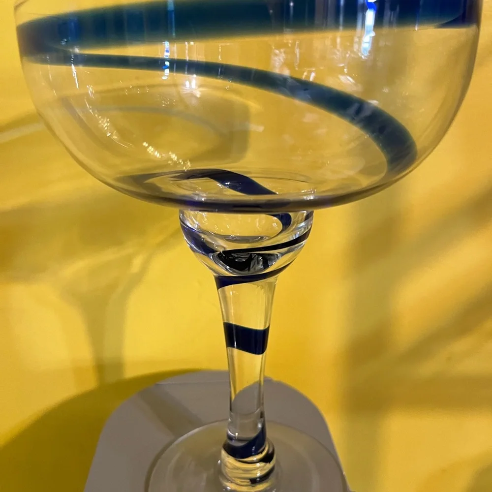 Set of 2 Pier 1 cobalt blue swirl mouthblown margarita glasses